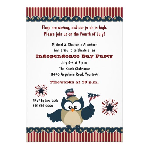Independence Day Owl Party Personalized Announcement (front side)