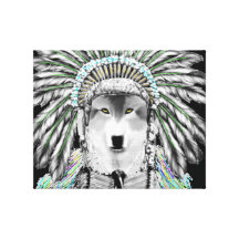 Indian chief wolf stretched canvas print
