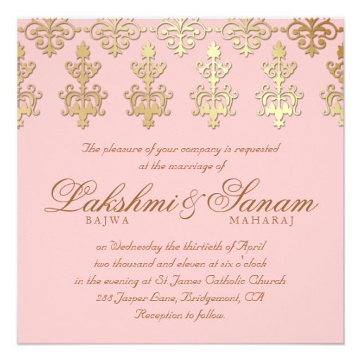 Indian Wedding Invite Damask Gold Baby Pink