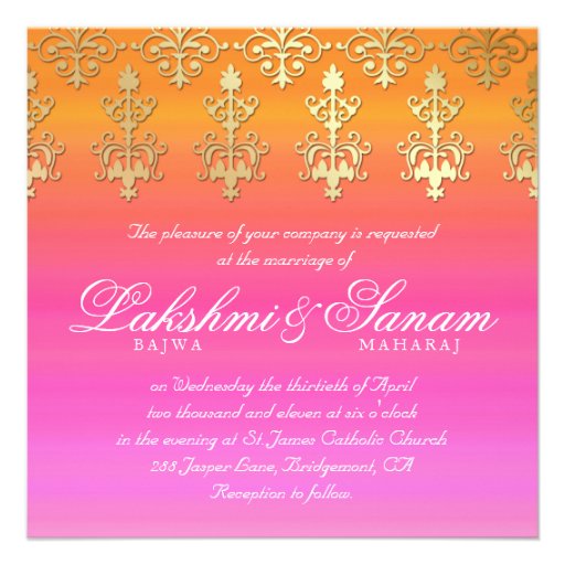 Indian Wedding Invite Damask Gold Pink Orange
