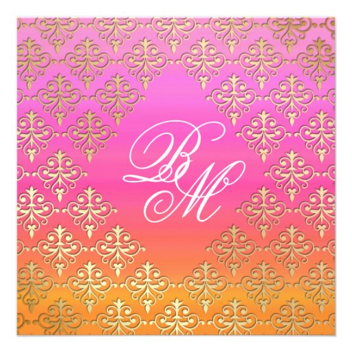Indian Wedding Invite Damask Gold Pink Orange