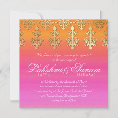 Indian Wedding Invite Damask Gold Pink Orange by WeddingShop88 Modern India 