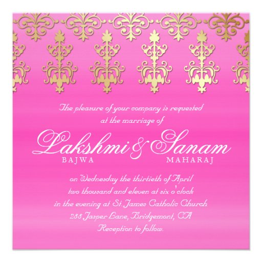 Indian Wedding Invite Damask Gold Pink White