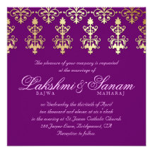 Indian Wedding Invite Damask Gold Purple