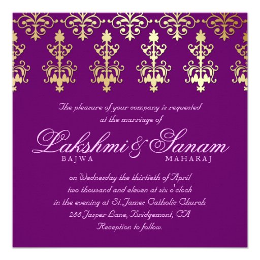 Indian Wedding Invite Damask Gold Purple