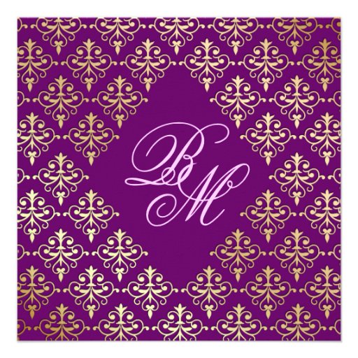Indian Wedding Invite Damask Gold Purple