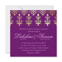 Indian Wedding Invite Damask Gold Purple