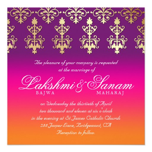 Indian Wedding Invite Damask Pink Purple Orange