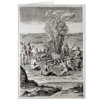 Indians praying around a fire, engraving greeting card