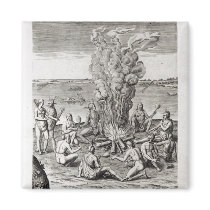 Indians praying around a fire, engraving fridge magnet