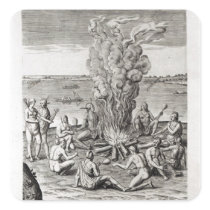 Indians praying around a fire, engraving square stickers