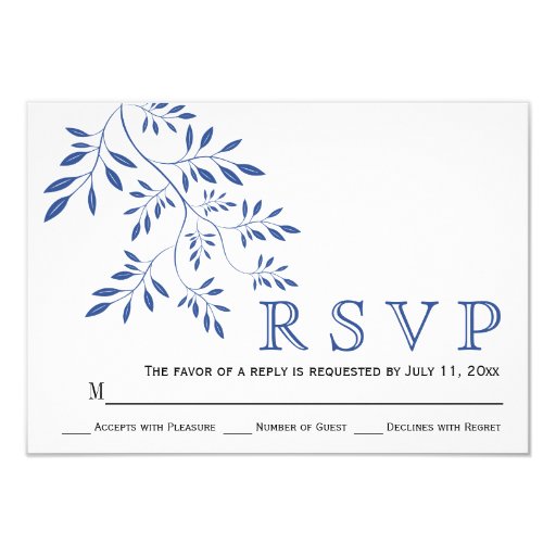 Indigo blue leaves contemporay floral wedding RSVP 3.5x5 Paper Invitation Card