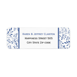 Indigo blue leaves pattern and frame wedding return address label