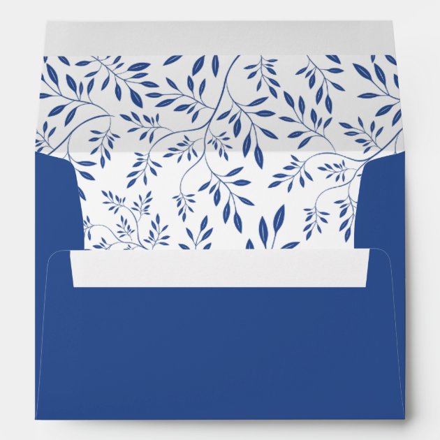 Indigo blue leaves pattern and initials wedding envelopes