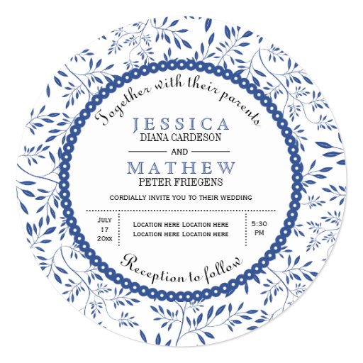 Indigo blue leaves pattern modern floral wedding invitation