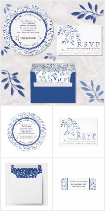 Indigo blue leaves pattern wedding invitations 