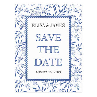 Indigo blue leaves pattern wedding Save the Date Postcard