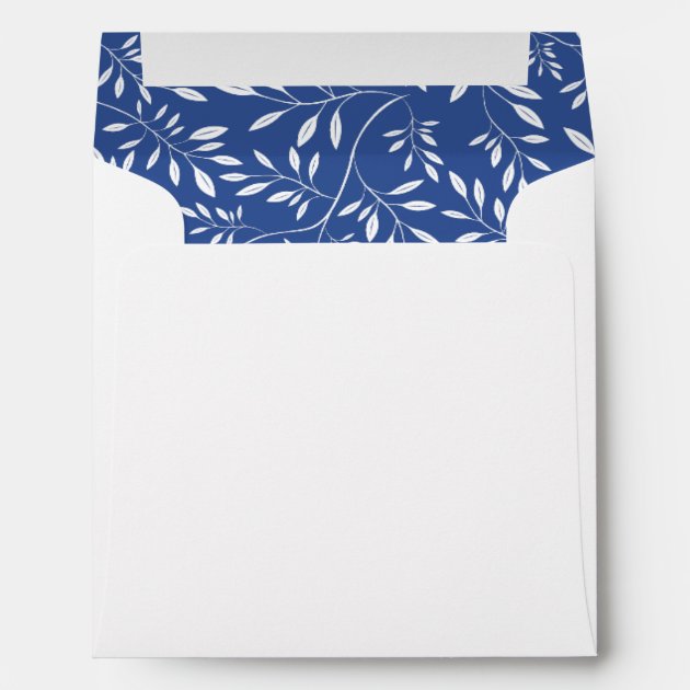 Indigo blue pattern of leaves and monogram wedding envelope