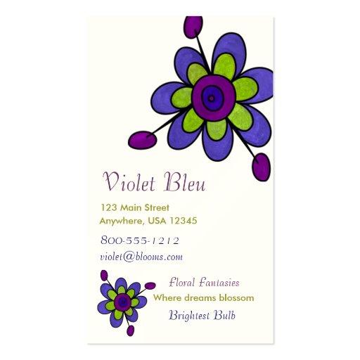 Indigo & Green Fun Flowers Business Card Templates (front side)