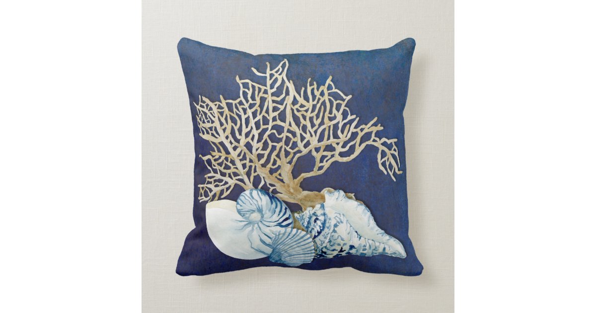 Indigo Ocean Coral Seashells Nautical Beach House Throw Pillow Zazzle