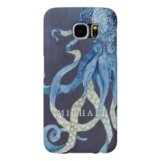Indigo Ocean Octopus w Red Coral Watercolor Art Samsung Galaxy S6 Cases