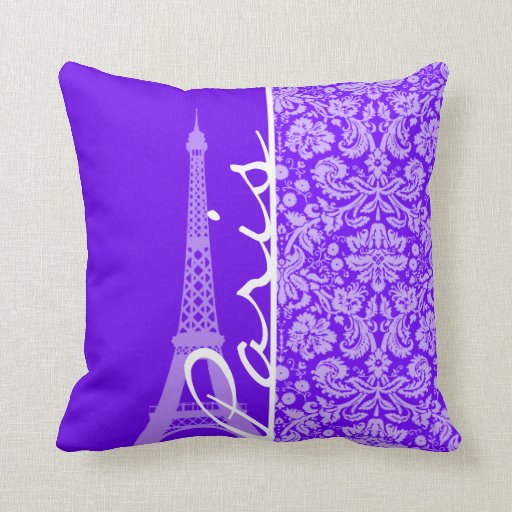 Indigo, Purple Damask; Paris; Eiffel Tower Throw Pillows