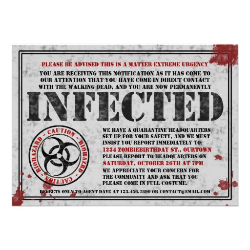 Infected Notice Zombie Birthday Party Invitations