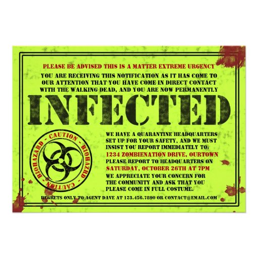 Infected Notice Zombie Halloween Party Invitations (front side)