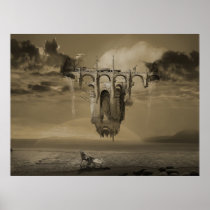 surreal, visionary, contemporary, surrealist, artist, modern, space, bleak, rugged, floating, sea, seascape, surface, rough, harsh, daytime, water, view, horizon, austere, ocean, remote, wilderness, maritime, sky, cloud, landmark, sunset, arched, bridge, train, locomotive, fantasy, Poster with custom graphic design