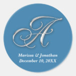 Initial A blue monogram custom name favor seal Round Stickers