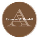Initial A brown monogram name tag party favor sticker