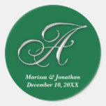 Initial A green monogram custom name favor seal Round Sticker