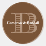 Initial B brown monogram name tag party favor Round Sticker