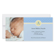 Initial Blue Yellow Boy New Baby Birth Photo Cards
