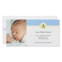 Initial Blue Yellow Boy New Baby Birth Photo Cards
