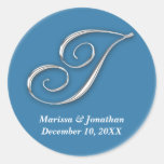 Initial I blue monogram custom name favor seal Round Sticker