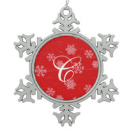Initial Monogram White Snowflakes on Red Ornaments