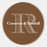 Initial R brown monogram name tag party favor Round Sticker