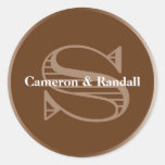 Initial S brown monogram name tag party favor Round Stickers