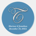 Initial T blue monogram custom name favor seal Sticker
