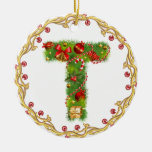 initial T monogrammed christmas ornament - circle
