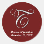 Initial T wine red monogram custom name favor seal Round Sticker