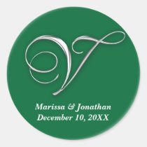 Initial V green monogram custom name favor seal stickers
