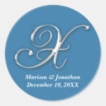 Initial X blue monogram custom name favor seal Round Stickers
