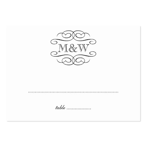 Initials black scroll wedding escort seating place business cards (front side)