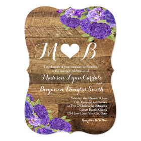 Initials Heart Purple Flowers Wood Wedding Invite