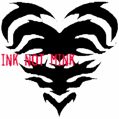 A zebra tattoo-like heart with "Ink Not Mink" written in pink.