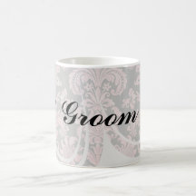 inricate vintage pink damask on deep gray coffee mugs