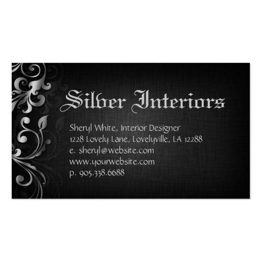 Interior Design Business Card Linen Black Silver (back side)