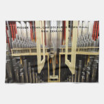 Interior of Christchurch organ tea towel with text